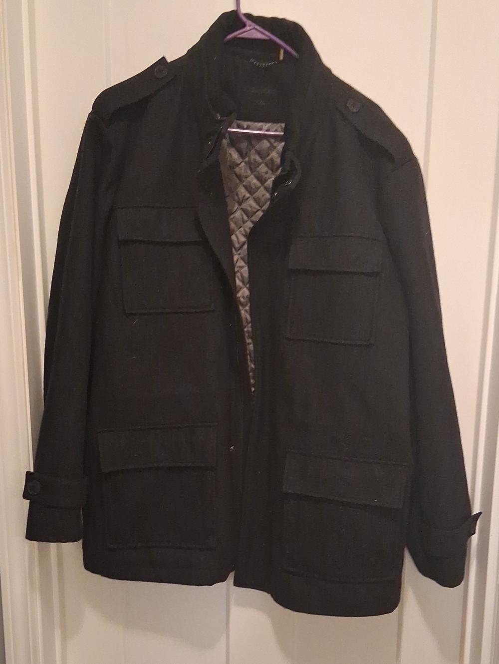 Calvin Klein Black Military Style Wool Blend Field Jacket with Quilted Interior